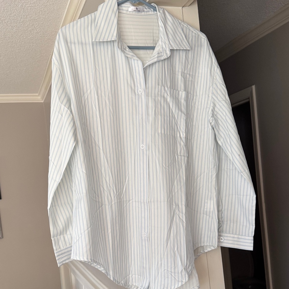 Amazon Women's Light Blue Striped Button Down Shirt